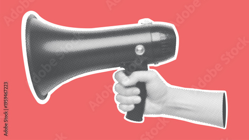 Retro halftone hand holding megaphone. Halftone collage element. Vector.