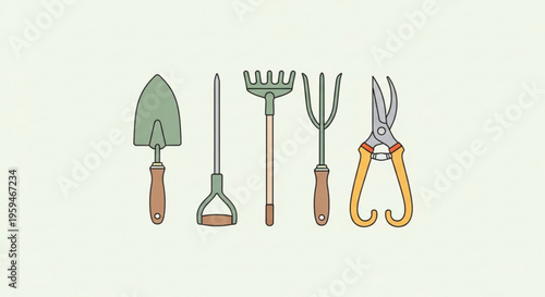 Gardening tools set including trowel cultivator fork pruners on light green background for planting and landscaping needs