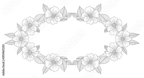 Delicate floral outline forms an oval frame with intricate petal and leaf details