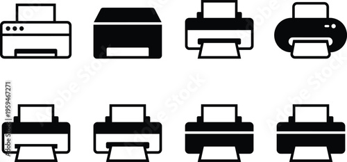Flat vector illustration of printer icons, office equipment, printing devices, paper tray, silhouette design, technology symbol, document output graphics