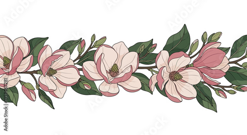 A decorative border of delicate pink magnolia flowers and green leaves on white