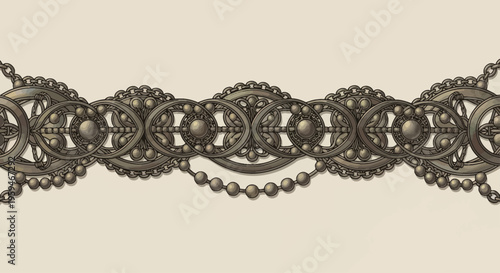 Intricate, ornate metalwork band with hanging bead chain, rendered in sepia tones