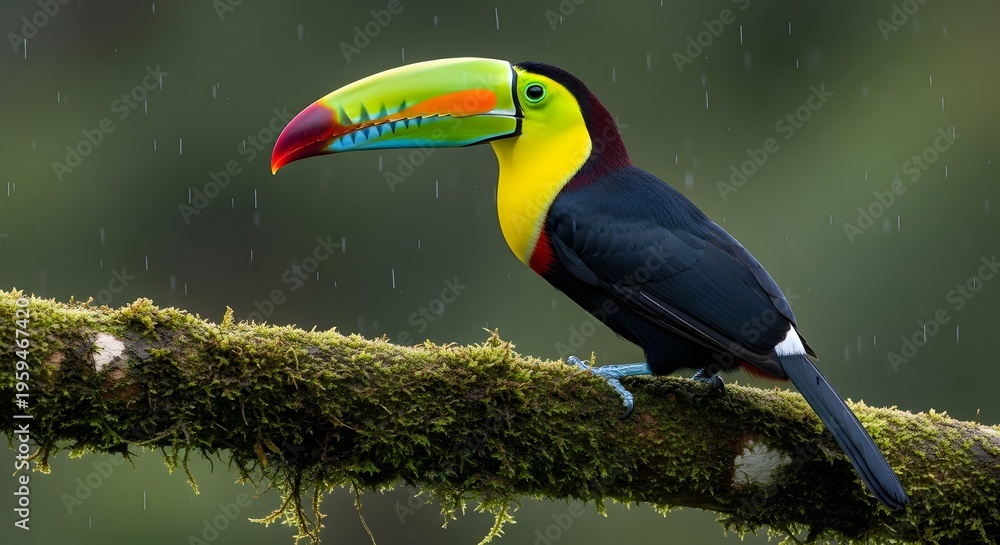 Obraz premium A vibrant toucan perched on a mossy branch in the rainforest