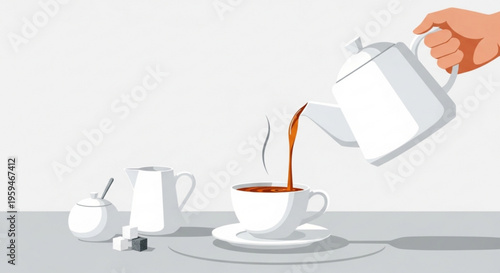 Person pouring hot coffee from white teapot into cup on saucer with sugar and creamer