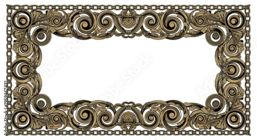 Ornate, metallic, rectangular frame with scrollwork and chain elements