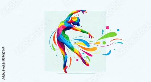 Vibrant dancer in motion with colorful swirling paint splashes on a light background expressing freedom and joy in a dynamic dance