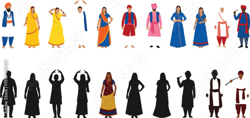 Indian people traditional clothing collection, men women cultural costumes, regional dress silhouettes, ethnic India vector illustration set