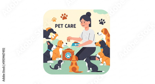 Woman providing pet care feeding multiple dogs surrounded by happy animals pet food and accessories