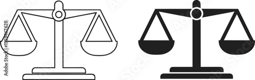 Justice scales icon set, balance law symbol, legal equality concept, court weight scale vector, outline and solid style