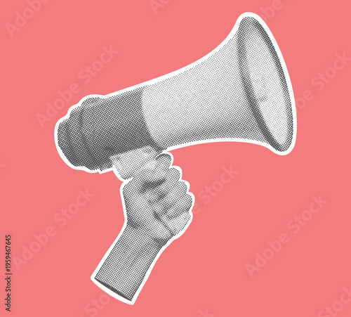 Retro halftone hand holding megaphone. Halftone collage element. Vector.