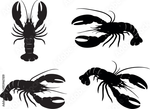 Black silhouettes of lobsters in different positions crustaceans seafood