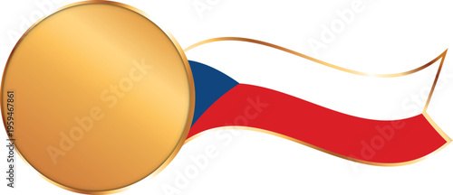 Gold circle frame with waving Czech Republic flag ribbon, blank premium medal label template