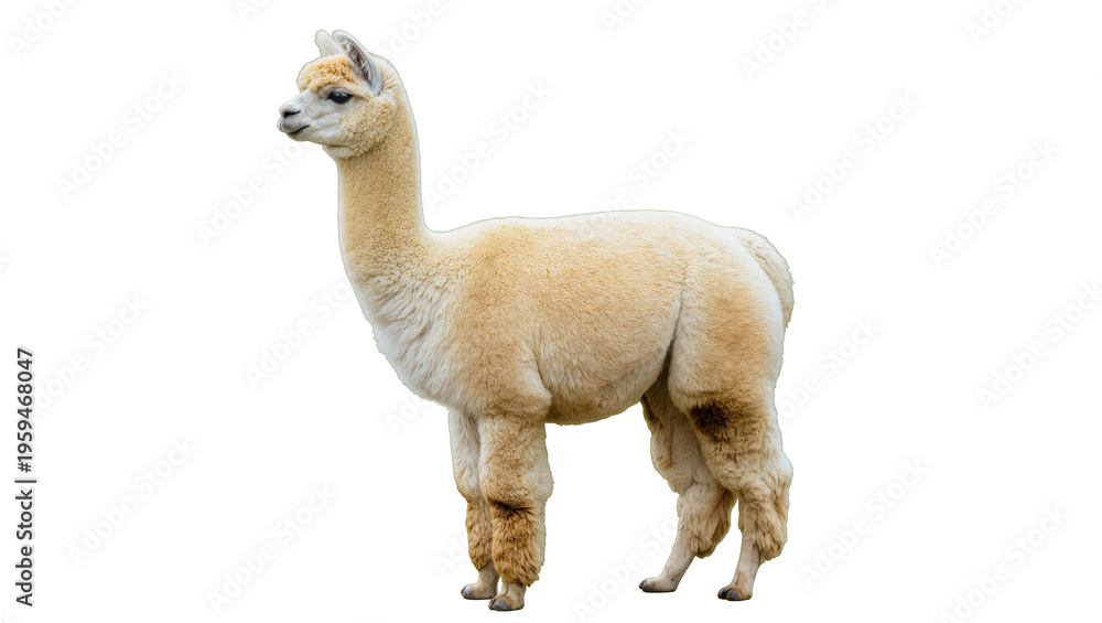Fototapeta premium Elegant domestic alpaca with fluffy cream-colored wool standing, side profile view