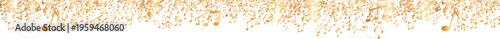 Gold musical notes falling border on white background, luxury music symbols pattern, abstract horizontal frame for concert invitations or festival header