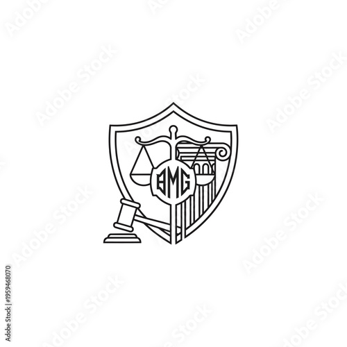 Detailed Outline Legal Group Logo with Justice Scales, Column, Gavel, and Books within a Shield on Isolated White Background
