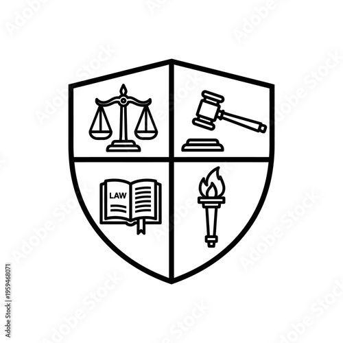 Detailed Outline Law Firm Logo with Justice Scales, Gavel, Law Book, and Torch within a Shield on Isolated White Background