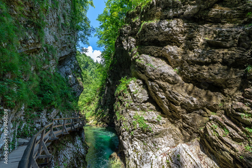 Vintgar Gorge boardwalk running beside Radovna River in Slovenia