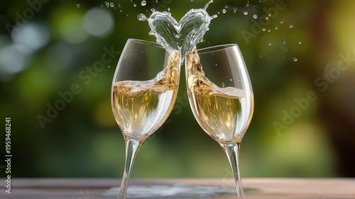 Champagne glasses clinking creating heart shape splash, celebrating love, wedding, anniversary occasion romance
