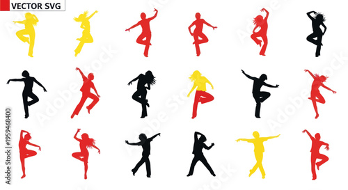 Collection of Diverse Dance Silhouettes in Red, Yellow, and Black