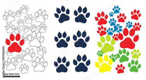 Colorful Paw Prints Pattern, Animal Traces, Vector Graphics