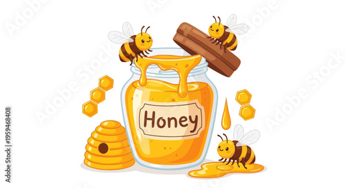 Cute Bees and Honey Jar with Honeycomb Elements