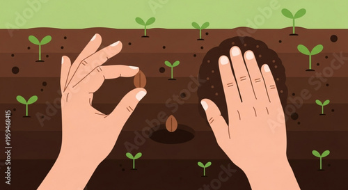 Hands planting seeds in soil with small green seedlings growing around gardening concept with earthy tones and natural light