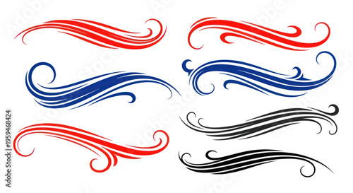 Decorative Swirls and Flourishes: Red, Blue, Black Accents on White Background