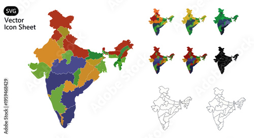 India Map Vector Icon Sheet - Colorful Administrative Regions & Outlines