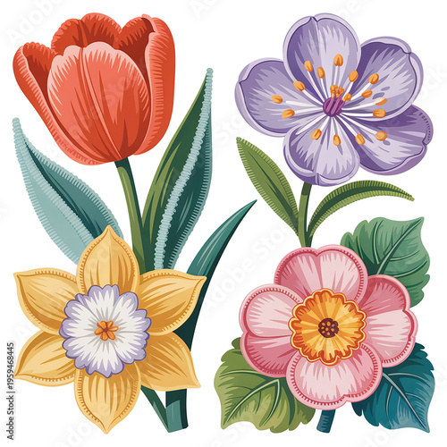 Colorful flowers with green leaves on white background