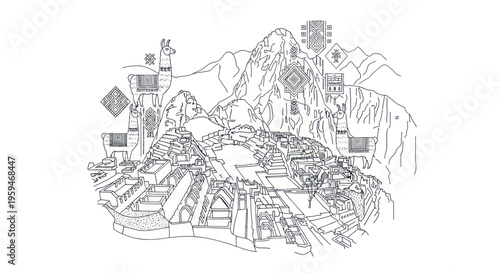 Outline Drawing of Machu Picchu Ancient City with Llamas and Mountains