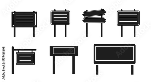 Collection of various black and white signboards and billboards.