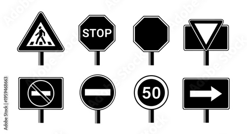Collection of various traffic and road signs on poles.