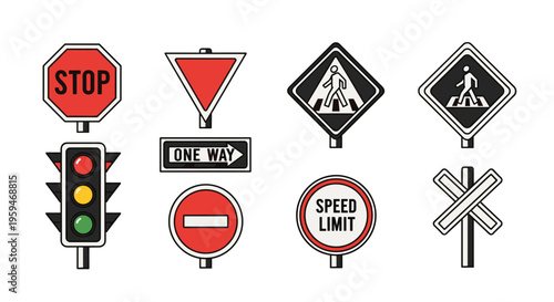 Collection of various traffic and road signs illustrations.