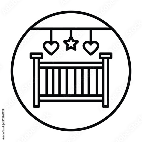 Baby cot with mobile featuring hearts and stars in simple line art style nursery decoration concept