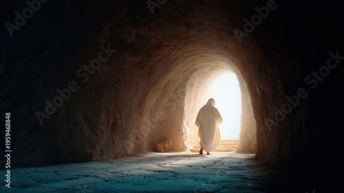 Jesus figure walking from dark cave to bright light, symbolizing resurrection, new and life hope