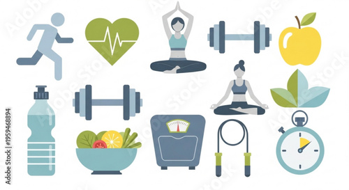 Healthy lifestyle icons including fitness and nutrition symbols for wellness and exercise routine
