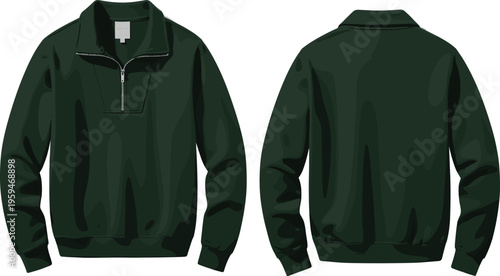 Forest green quarter zip pullover sweatshirt vector illustration front and back view ribbed cuffs elastic hem casual apparel mockup