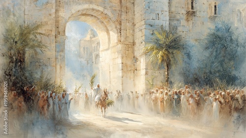 Watercolor illustration of Jesus Christ entering Jerusalem on a donkey during the Triumphal Entry, surrounded a crowd waving palm branches