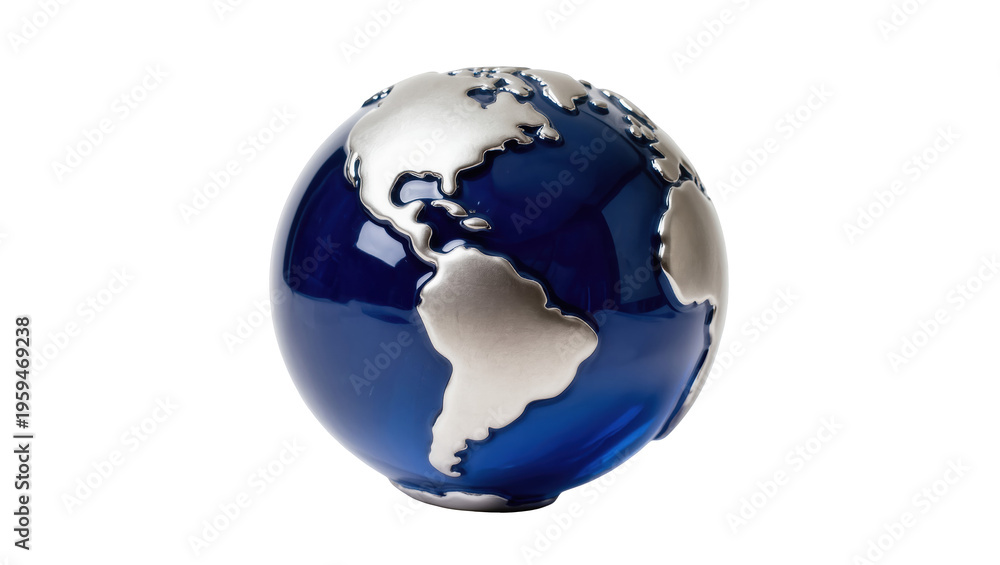 Fototapeta premium Elegant blue globe with silver continents symbolizing worldwide reach and travel