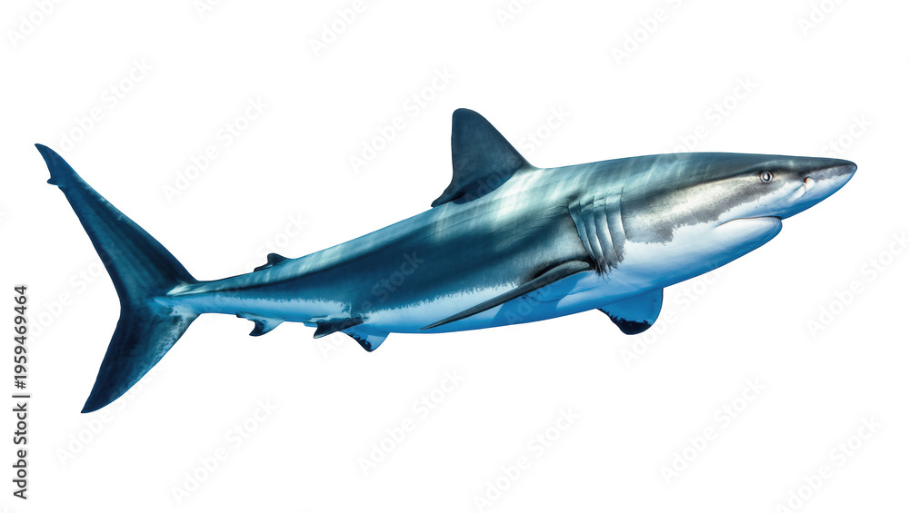 Fototapeta premium Majestic great white shark, a formidable ocean predator, swimming gracefully underwater