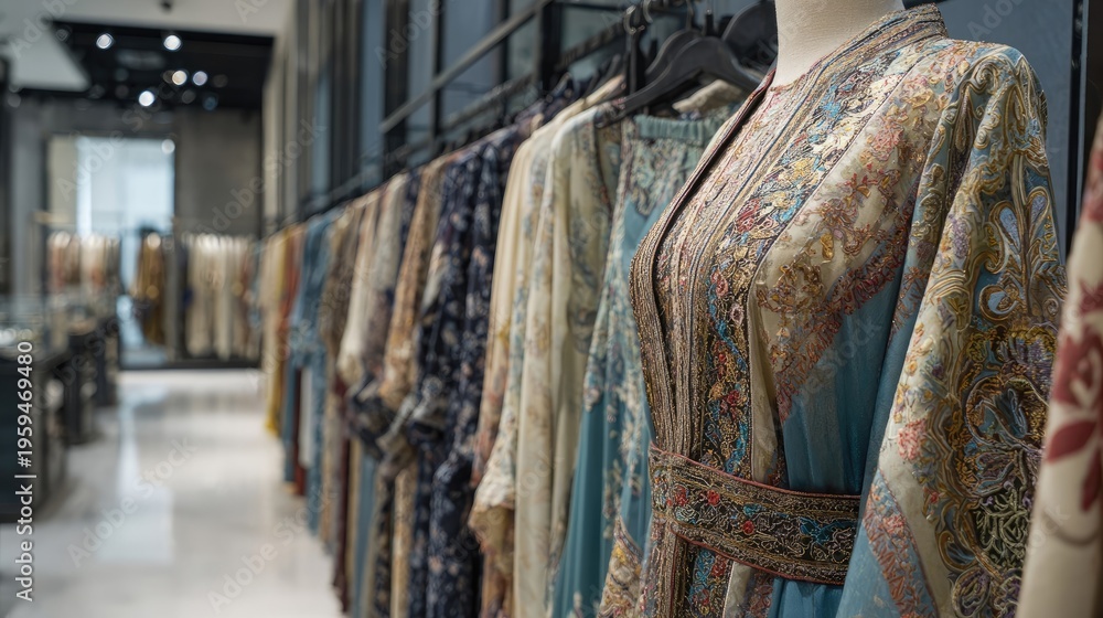 Naklejka premium Exquisitely Embroidered Dresses on Mannequins in a Modern Retail Space