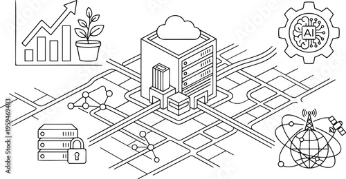 Isometric line art vector of AI cloud server network and business growth