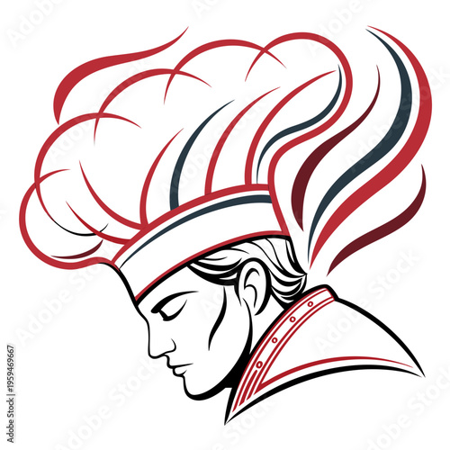Profile of a chef with a tall, stylized toque blanche hat
