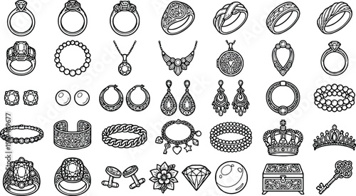 40 Jewelry Icons, Black and White, Vector Illustrations, Jewelry Set, Accessories Collection