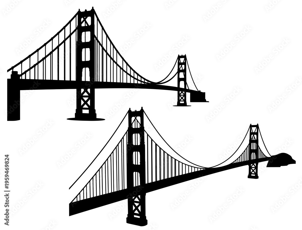 Fototapeta premium Two black silhouettes of a suspension bridge symmetrical design silhouette