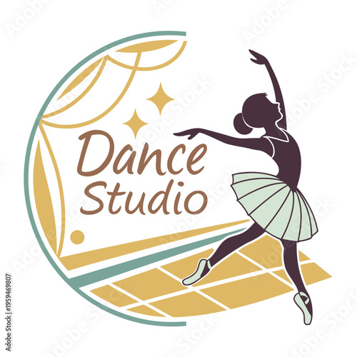 Ballet dancer silhouette with stage curtains and stars - dance studio logo