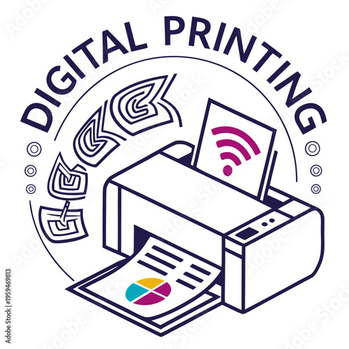 Digital printing icon with printer and wi-fi symbol - print service logo