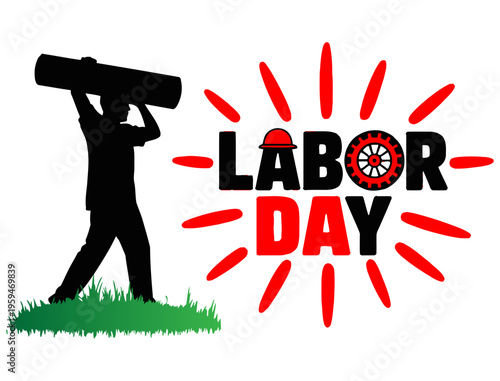 Labor Day Worker Silhouette with Sunburst and Bold Typography Design