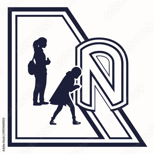 Children silhouettes near letter r logo with letter r