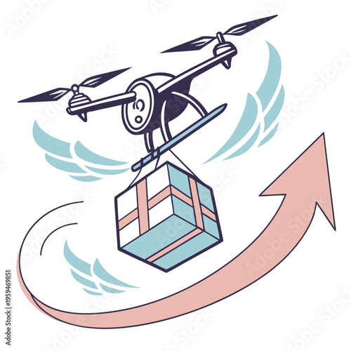 Drone delivering package with upward arrow - fast delivery concept